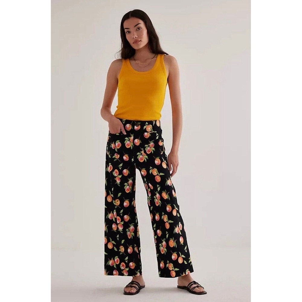 Maeve Anthropologie‎ The Colette Wide Leg Pants Peach Fruit Print Black Size 24
